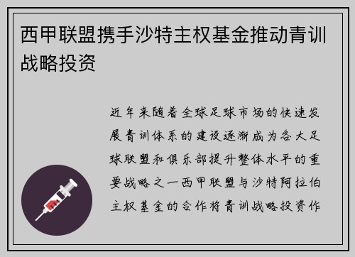 西甲联盟携手沙特主权基金推动青训战略投资